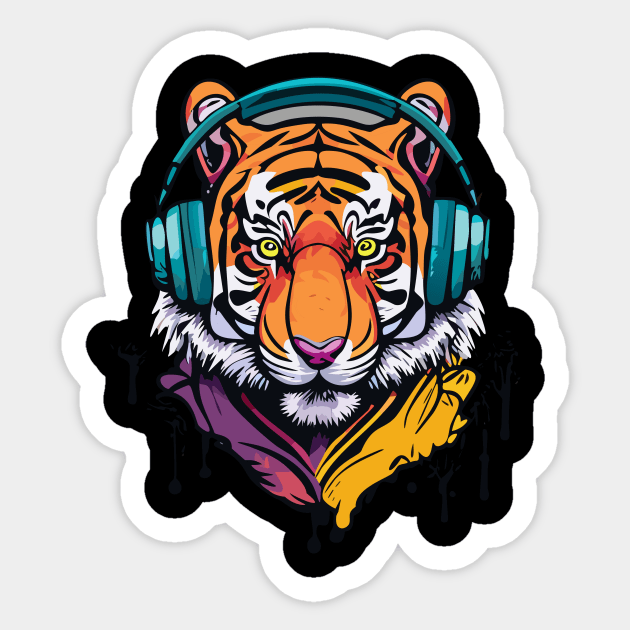 t-shirt design, colorful tiger with headphones on, graffiti art Sticker by goingplaces